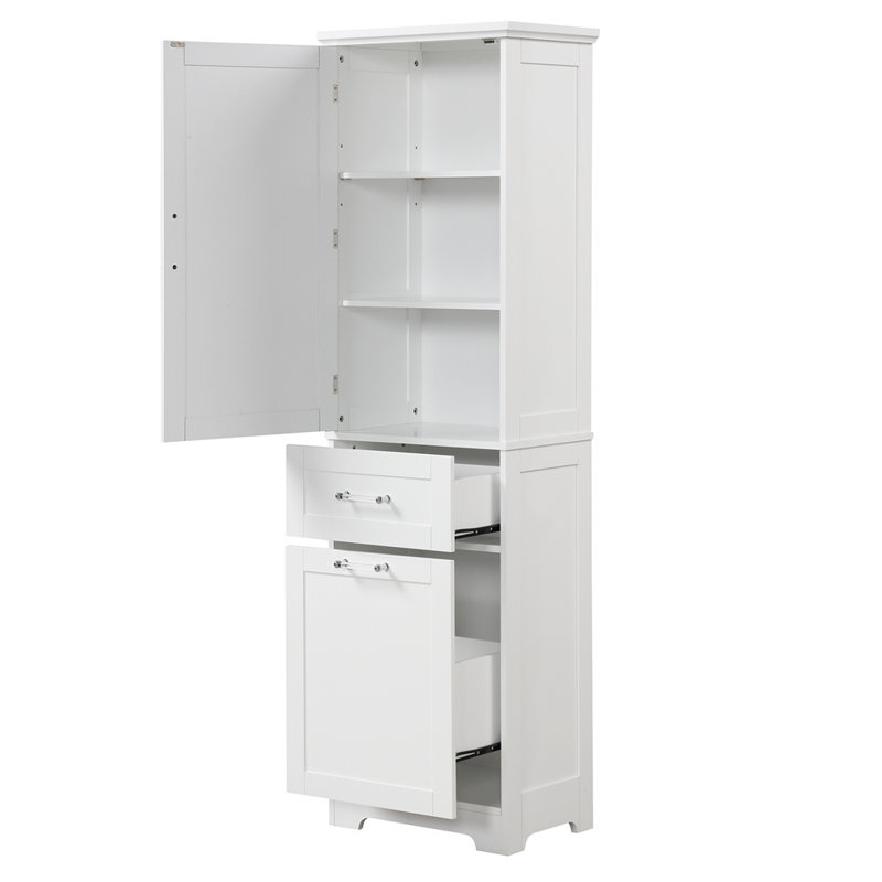 Grande armoire de rangement pour salle de bain avec tablette réglable et deux tiroirs de différentes tailles, panneau de fibres à densité moyenne avec finition peinte, blanc