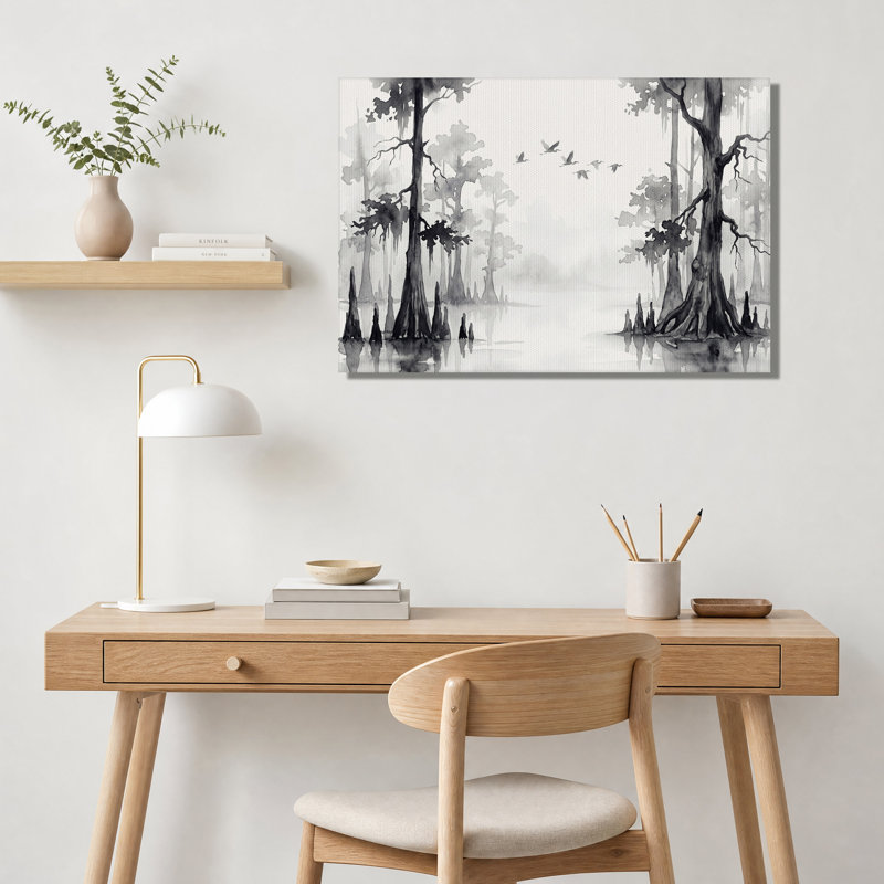 Tableau sur toile représentant des cyprès noirs et blancs et des oiseaux en vol, H 24 po x l 36 po