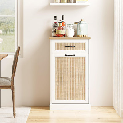 Single Rattan Tilt Out Trash Can Cabinet, Freestanding Kitchen Garbage Can 10 Gallon