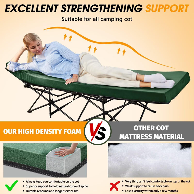 Green Memory Foam Camping Cot Mattress Pad with Non-Slip Bottom