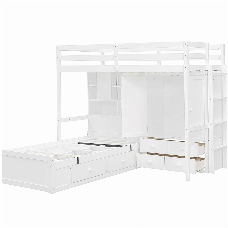 Lit superposé simple avec tiroirs, garde-robe, tablettes de rangement et lit hydraulique, blanc