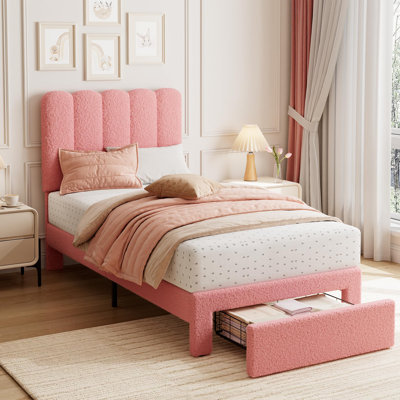 Structure de lit simple tapissier en velours avec tête de lit Wave, tiroir de rangement sous le lit, lattes en bois sans bruit, aucune saison nécessaire, assemblage facile - rose