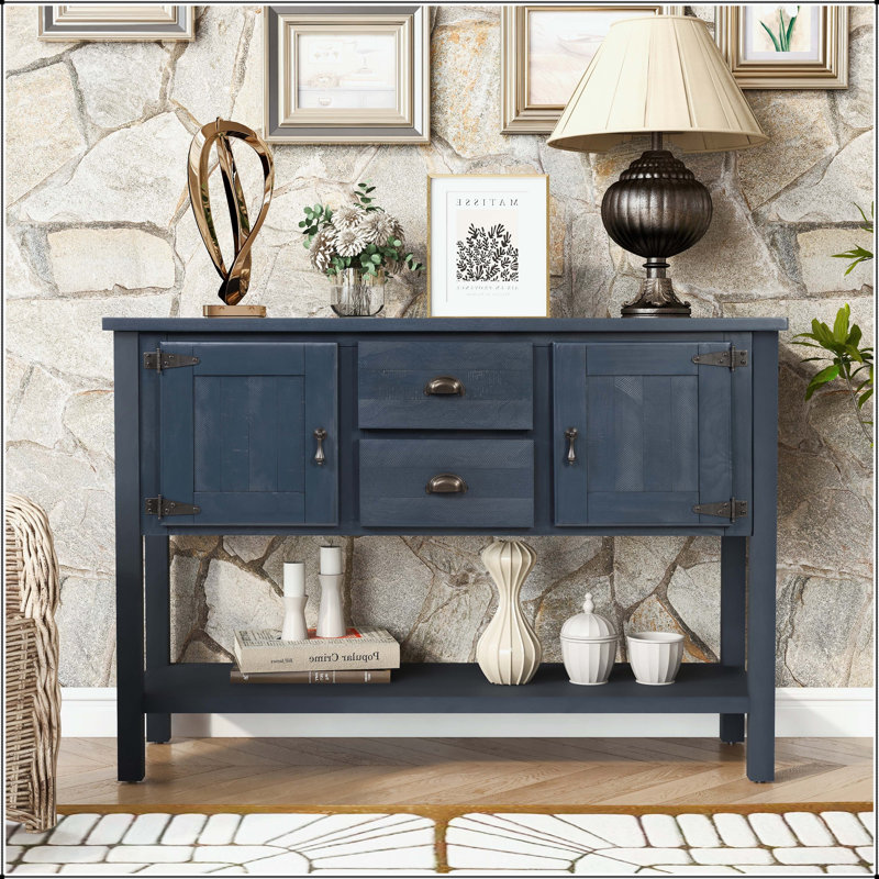 Console 46 po en bois massif avec 2 tiroirs et tablette inférieure, Navy Blue