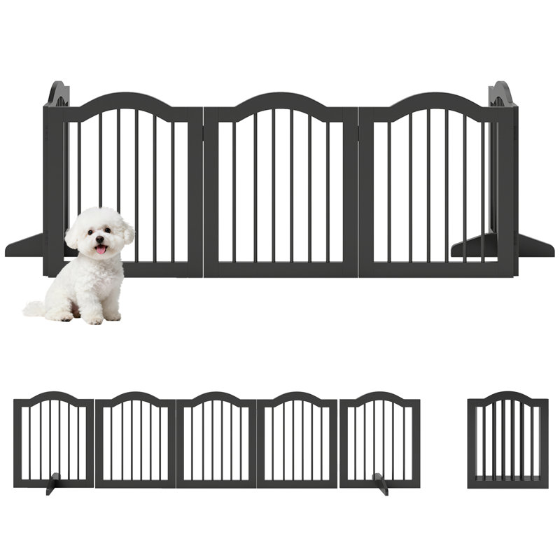 Dog Gate 5 Wood Panel Freestanding Pet Fence Folding Safety Barrier
