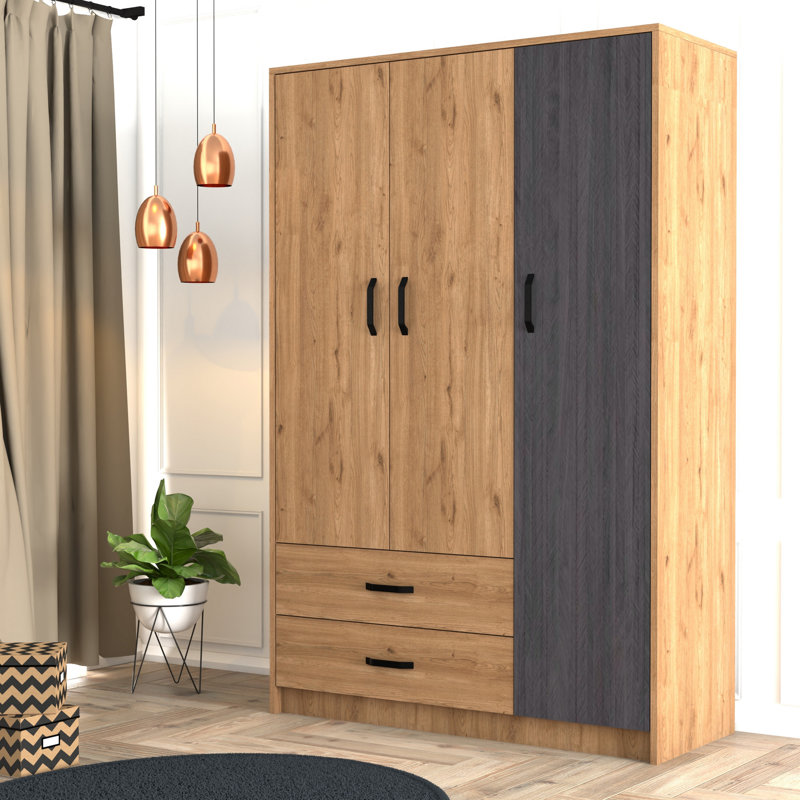 Vianne 3 Door Manufactured Wood Wardrobe, Oak/Grey/Black