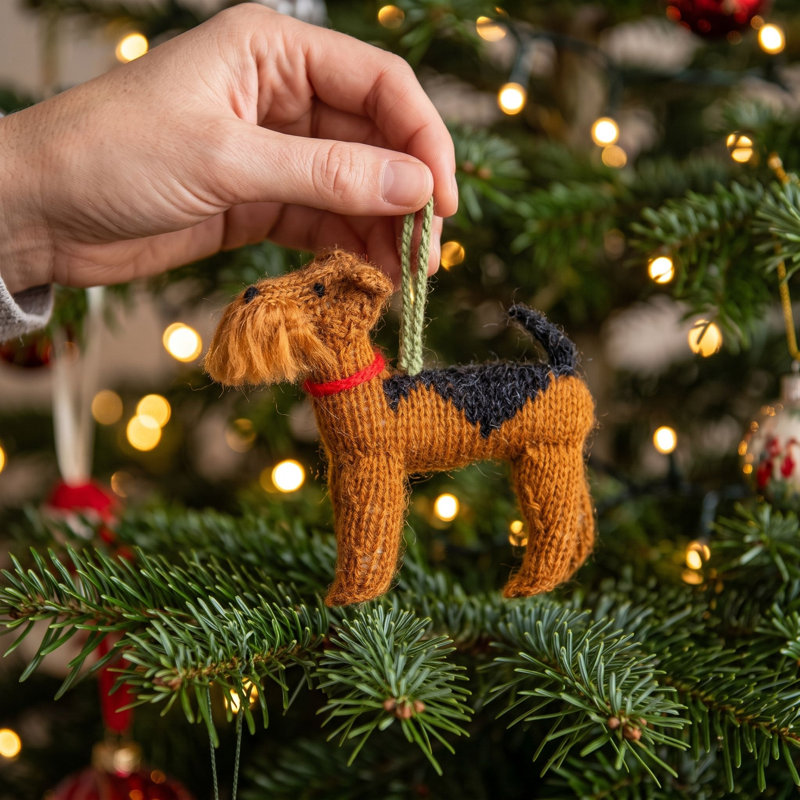 Ornement de Noël en laine d'alpaga tricoté à la main - chien Airedale
