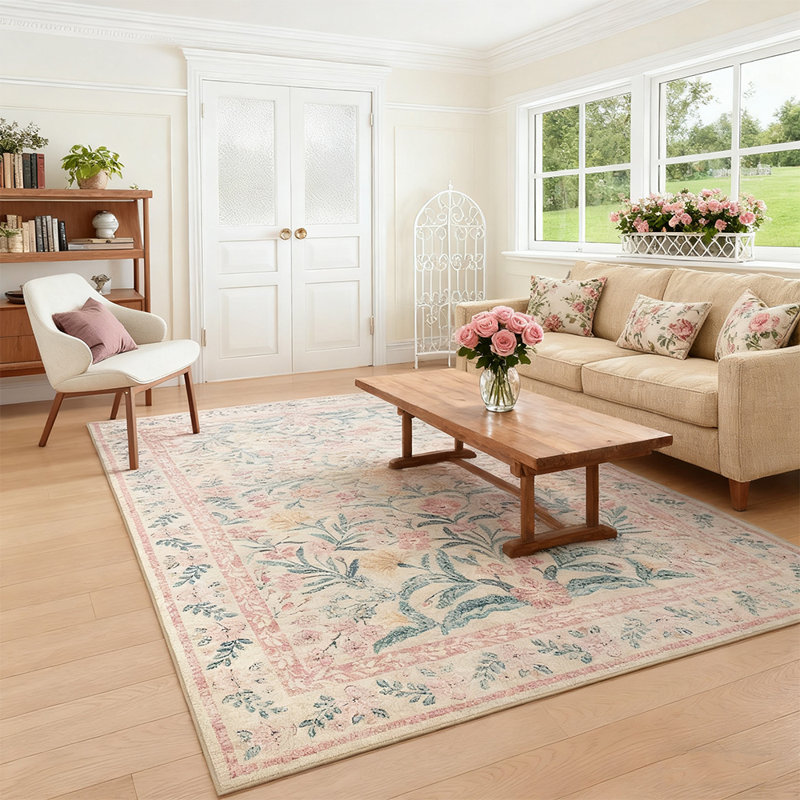 Tapis floral bohémien lavable à la machine à la machine, Rectangle 6 pi x 9 pi