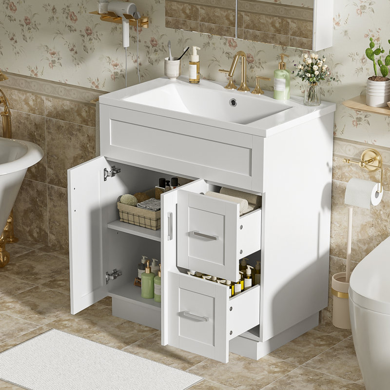 Meuble-lavabo autoportant moderne de 30 po avec lavabo en résine SMC, tiroirs à droite et tablettes réglables