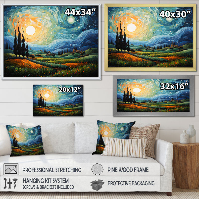 Vangogh The Swaying Cypress II Framed On Canvas by Vincent Van Gogh Painting, 34" H x 44" W x 1.5" D, Wrapped Canvas