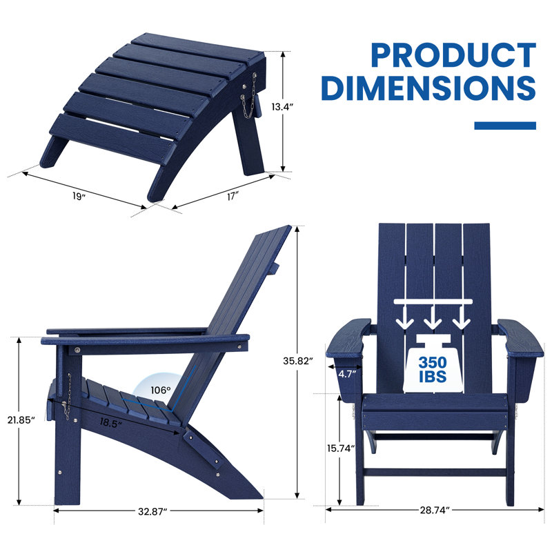 Chaise Adirondack pliante en polyéthylène haute densité (PEHD) avec repose-pieds Tulloch, Bleu marine