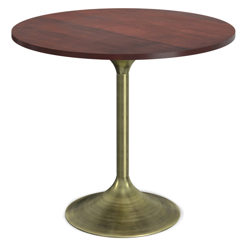 Radford Round Walnut Wood and Antique Brass Pedestal Dining Table