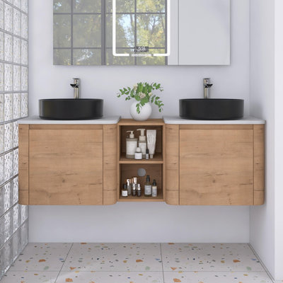 Ensemble de meuble-lavabo mural 60 po avec lavabos vasques en céramique et 1 tablette de rangement, portes à fermeture en douceur