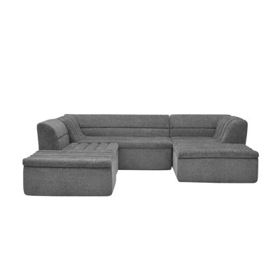 135" U-Shaped Modular Sectional Sofa With Chaise And Movable Ottoman For Living Room, Chenille Upholstered Boneless Couches With Wave-Shaped Armrest, No Pillows Included,Dark Grey