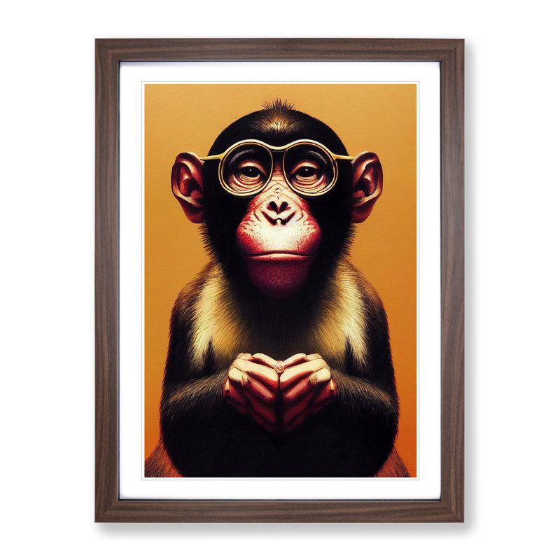 Monkey In Glasses No.2 - Framed Print, 46cm H x 34cm W, Brown