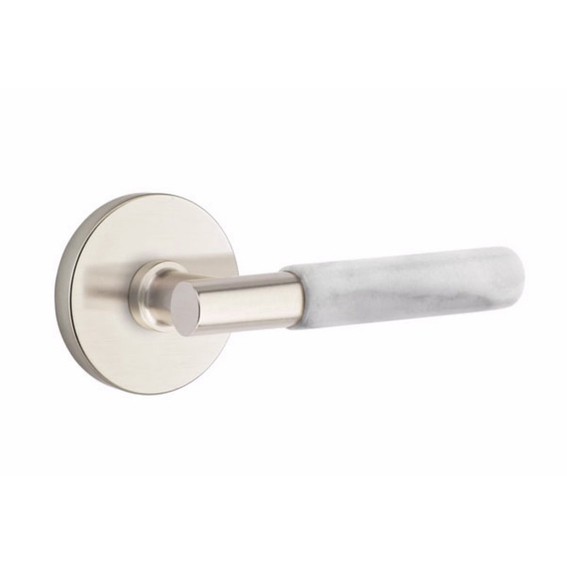 Ensemble de faux levier Emtek Select, rosette à disque, tige en T, poignée en terrazzo clair, Nickel satiné / marbre blanc
