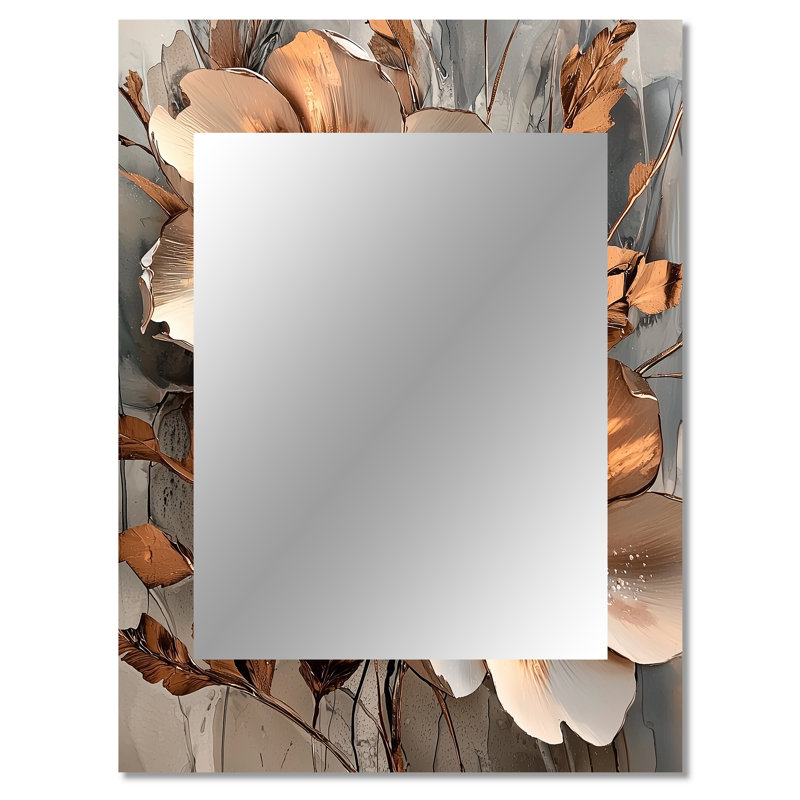 Metallic Copper And Chrome Abstract Flowers I - Flowers Decorative Mirror, Gold Wall Mirror, Printed Metal Art, 40" x 30"