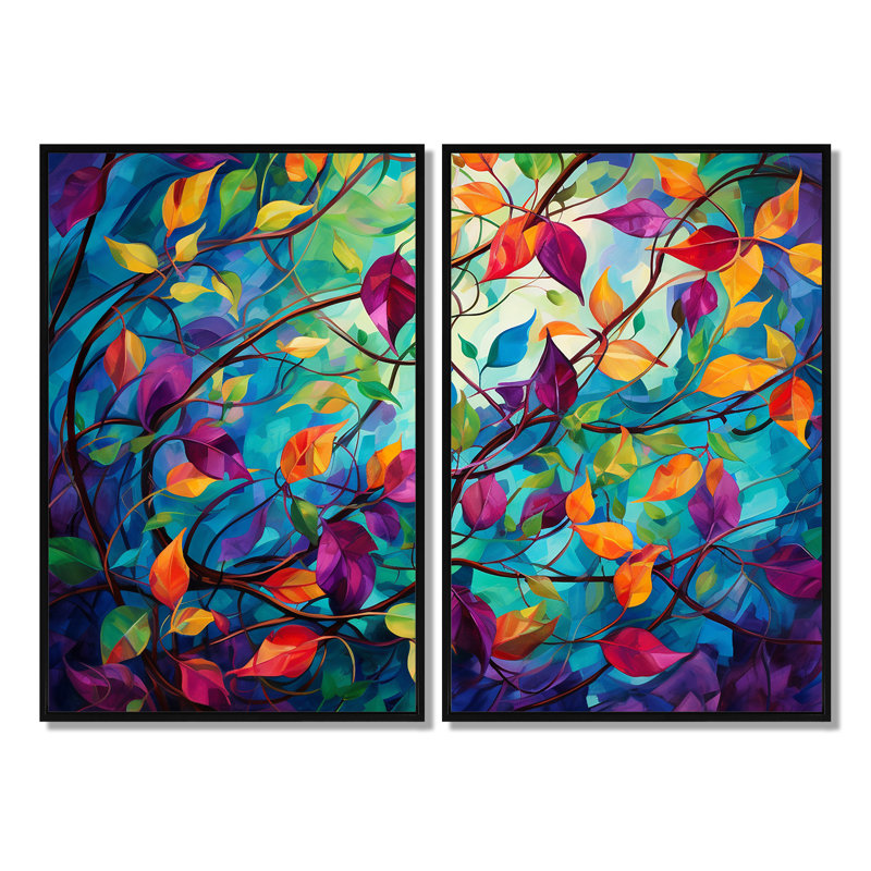 Multicolor Vibrant Vines I - Abstract Botanicals, art mural 2 pièces, H 36 po x l 48 po, Noir