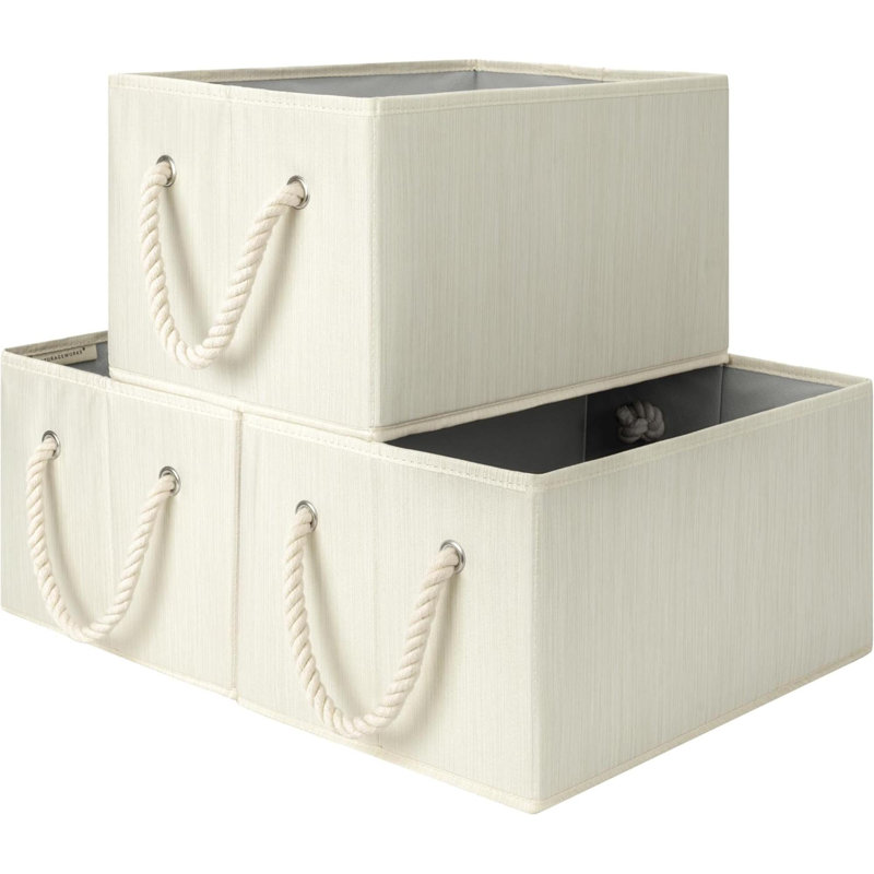 Paniers de rangement pour l'organisation, paniers de rangement pliables pour tablettes, bacs de rangement en tissu avec poignées et ivoire, paquet de 3