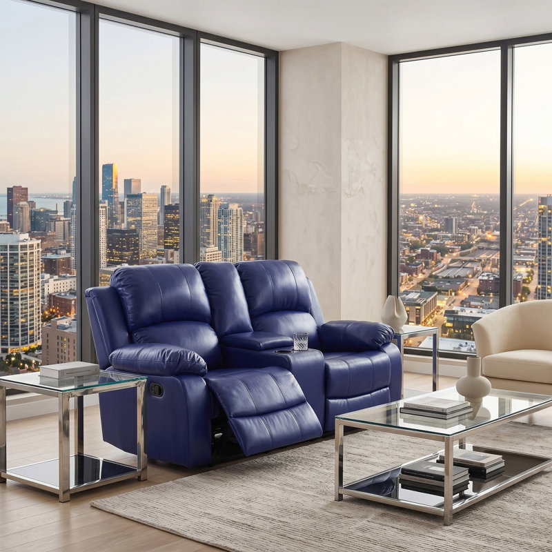 Dark Blue Vegan Leather Manual Recling Loveseat, Blue