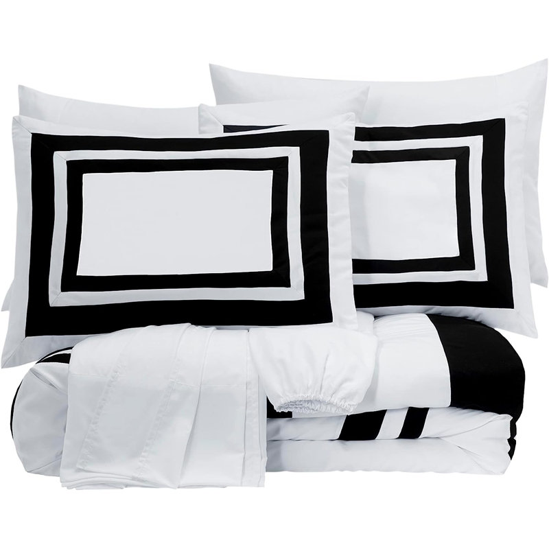 7-Piece Hotel Style Bed in a Bag Comforter Set with Sheets, Queen Comforter + 6 Additional Pieces, White/Black