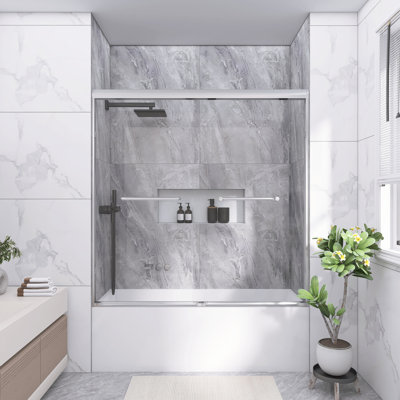 56-60"W X 60"H Double Sliding Shower Door, 1/4"(6mm) Tempered Glass With Explosion-Proof Film, Aluminum Frame & Stainless Steel Handle, Brushed Nickel