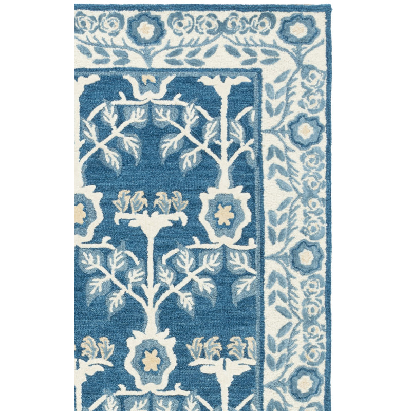Navy and Ivory Floral Hand-Tufted Wool, Cotton, and Viscose Area Rug, Rectangle 8' x 10'