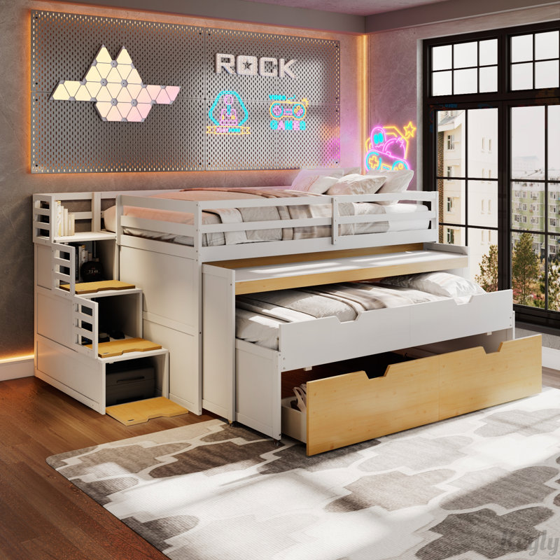 Lit mezzanine avec bureau coulissant, lit gigogne et marches de rangement, Double XL, Blanc
