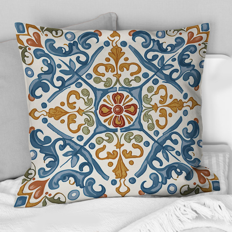 Mediterranean Tiles In Retro Blue V - Abstract Tile Printed Throw Pillow