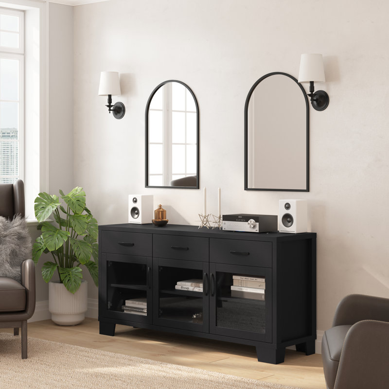 Engineered Wood Buffet Sideboard Storage Cabinet With 3 Drawers, Doors, Black