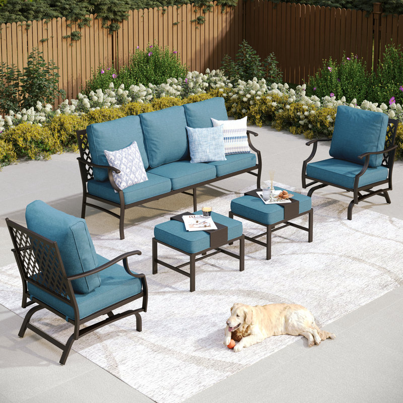 7-Piece Metal Frame Outdoor Patio Conversation Set with Sofa, Rocking Chairs, Chairs, Ottomans & Optional Fire Pit Table, No