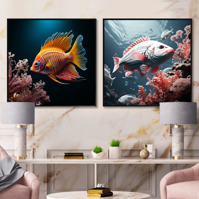 Ensemble de 2 magnifiques poissons-papillons bleus et oranges - collage de poissons carrés