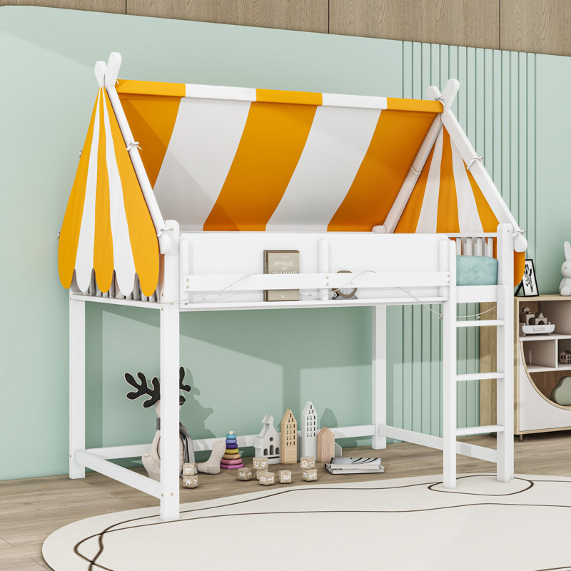 Loft Bed with Canopy, LED String Lights and Built-in Bookshel, Full, White