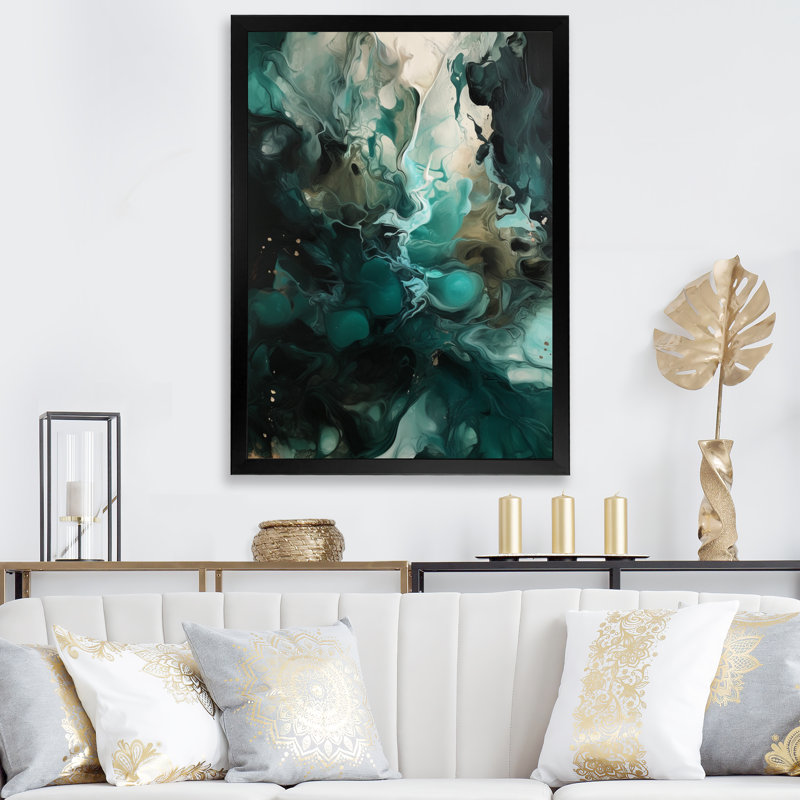 Art encadré sur toile vert et blanc marbré III, Cadre photo noir, H 20 po x l 12 po x P 1 po
