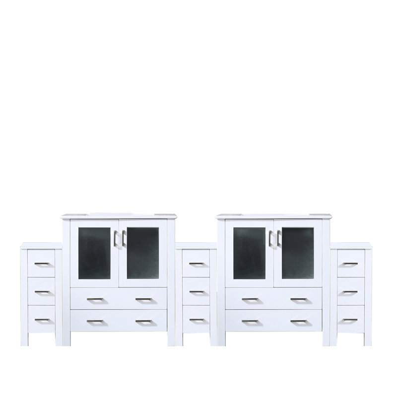 Meuble-lavabo double 96 po - Blanc, bois massif et magnifique plateau en céramique blanche durable