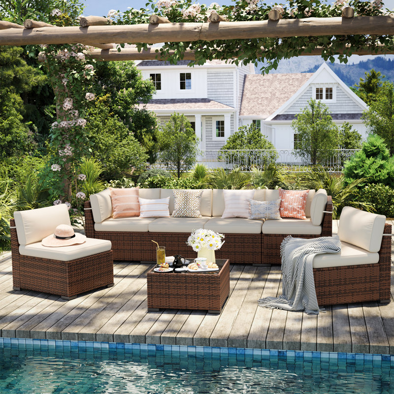 Ensemble de conversation modulaire en rotin pour 6 personnes avec coussins, Beige, Non
