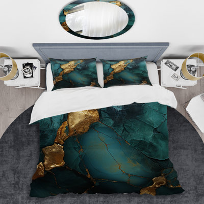 Ensemble de housse de couette en marbre abstrait doré et vert II