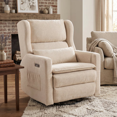 Fauteuil inclinable et oscillant surdimensionné, chaise berçante très large 26 po avec repose-tête réglable, fauteuil inclinable électrique en chenille avec coussin double, porte-gobelet beige