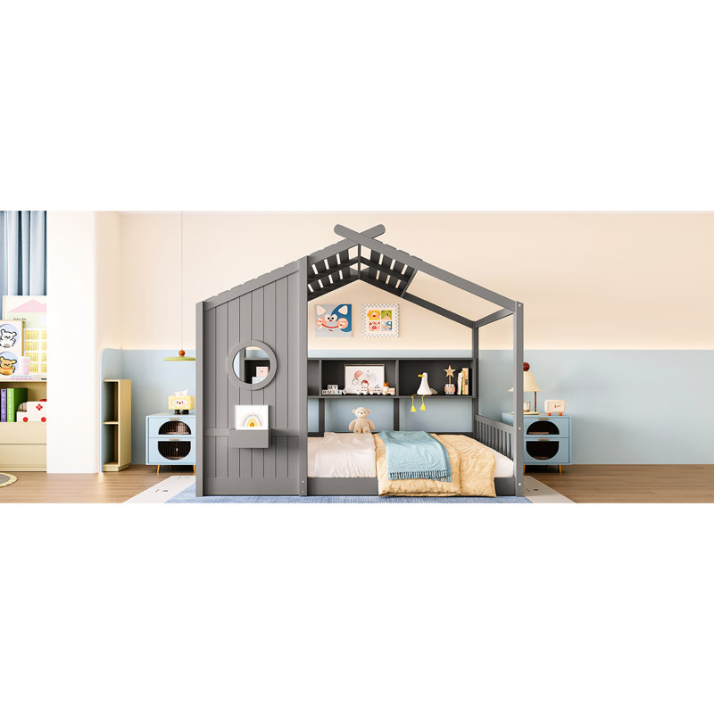 Lit de maison gris au sol pleine grandeur avec caractéristiques, tablette de rangement et toit d'expérience Playhouse, design pour un repos confortable
