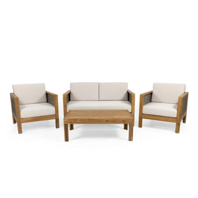 Outdoor Acacia Wood And Wicker Loveseat And Coffee Table Set With Cushions, Teak + Beige