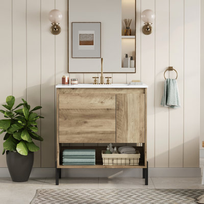 Meuble-lavabo moderne en bois avec tiroir coulissant et tablette ouverte