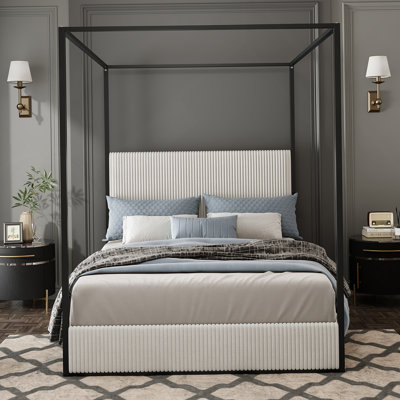 Modern Luxury Metal Canopy Bed With Tall Upholstered Headboard And Four Poster, No Box Spring Needed, King, White