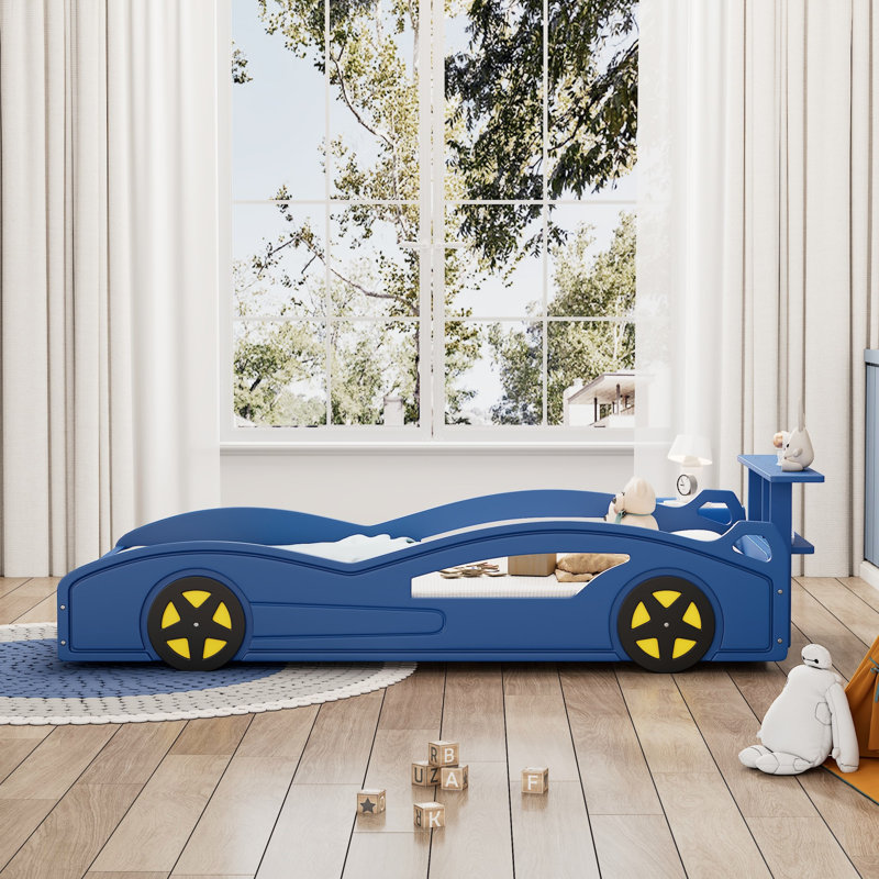 Lit plateforme simple en forme de voiture avec roues, lit de voiture de course en bois, Bleu