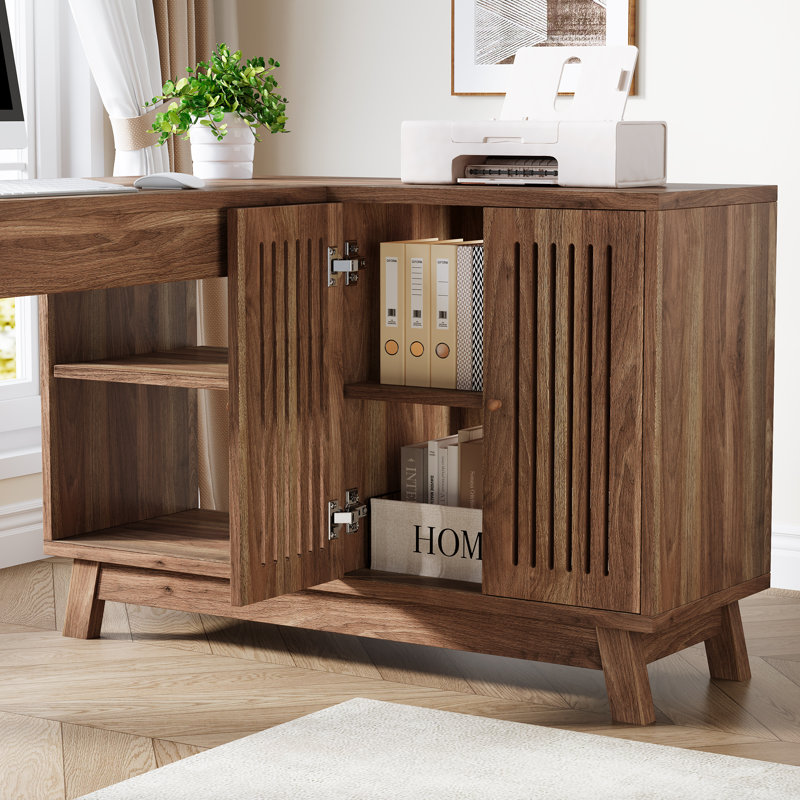 144.8Cm W L-Shaped Writing Desk and Cabinet, Walnut