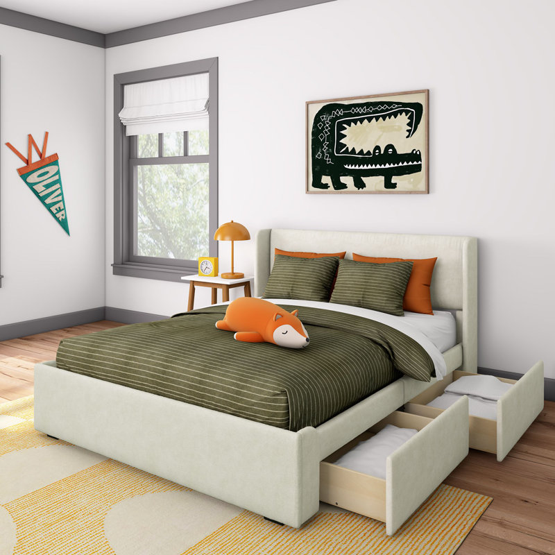 Solid Wood Upholstered Bed with Rectangular Headboard with 2 Drawer Side Storage, Queen, Cream