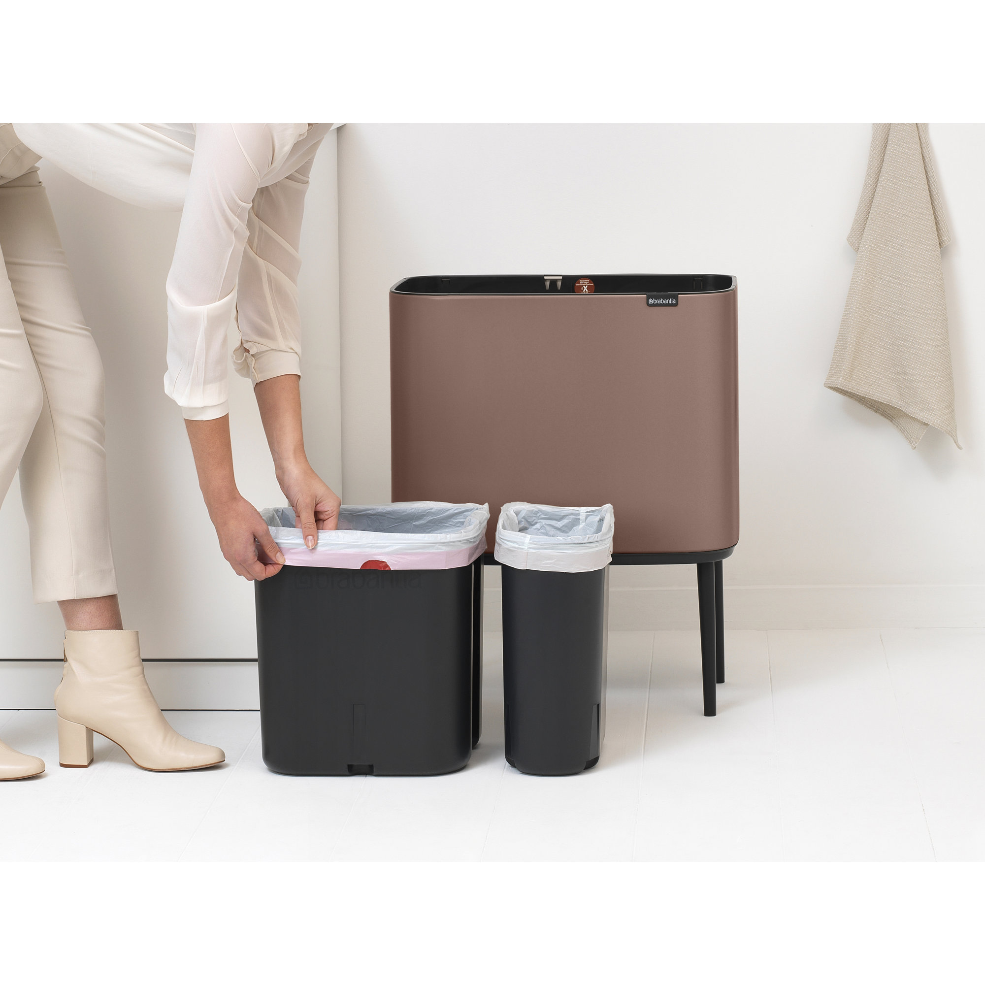 Brabantia Bo Touch Top Dual Compartment Recycling Trash Can, 3 + 6 Gallon (9 Gallon Capacity), Satin Taupe