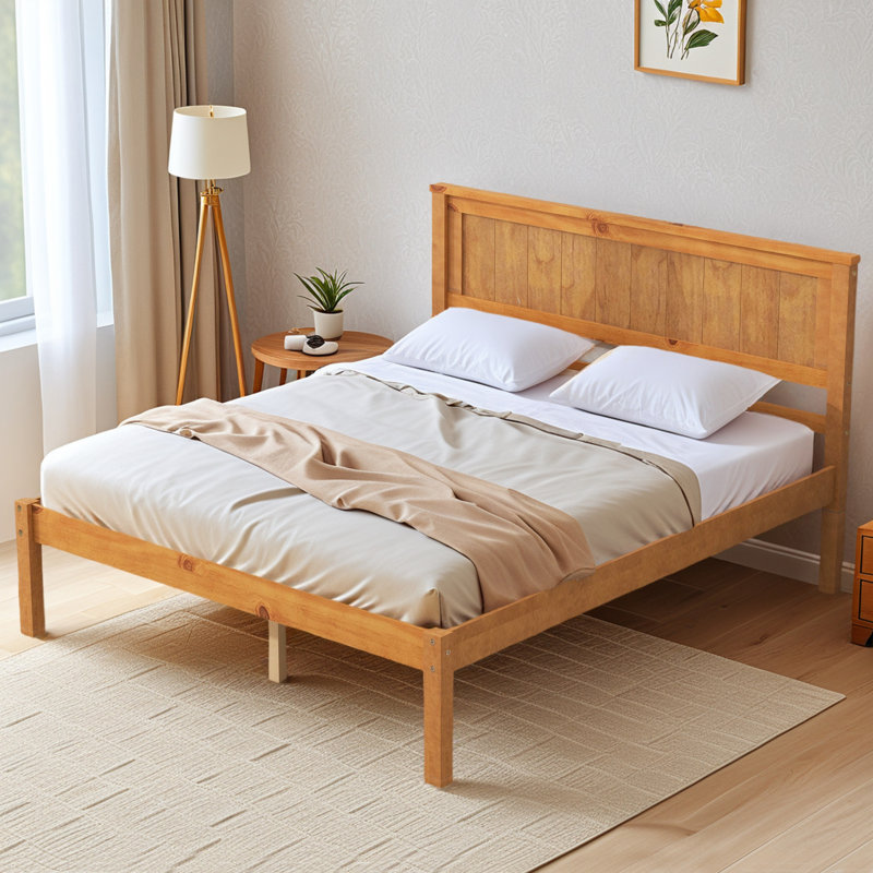 Platform Bed Frame With Headboard, With Wooden Slats, No Springs Required, Oak, Full