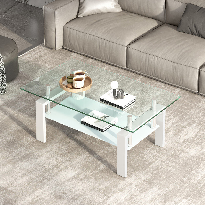 Table basse rectangulaire moderne en verre trempé noir, 100 cm (L) x 55 cm (P) x 45 cm (H), avec tablette de rangement inférieure.