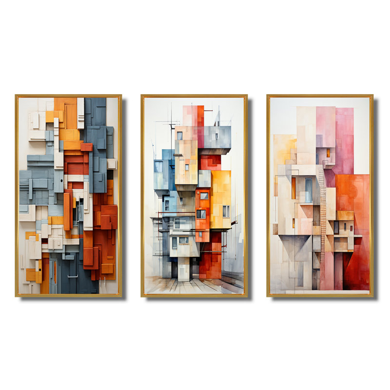 «Constructivism Construit Horizons I», 3 pièces, H 32 po x l 48 po, Encadrement doré