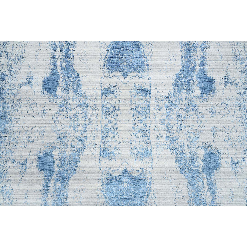 Tapis argent / bleu noué à la main de haute qualité, Rectangle 8 pi x 10 pi