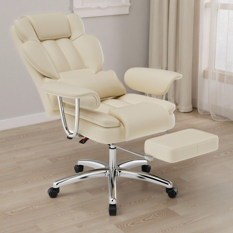 Big and Tall Executive Office Chair with Footrest - High Back Ergonomic PU Leather Computer Chair, Beige